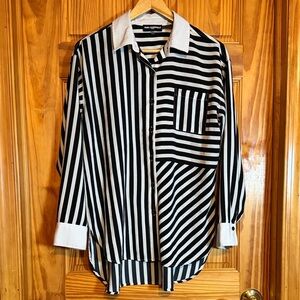 Karl Lagerfeld Paris black and white striped button-down blouse